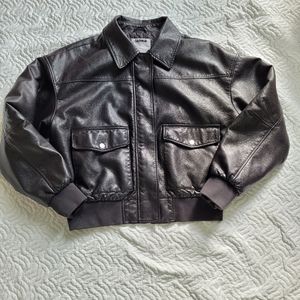 garage chocolate brown leather cropped bomber jacket faux leather size small